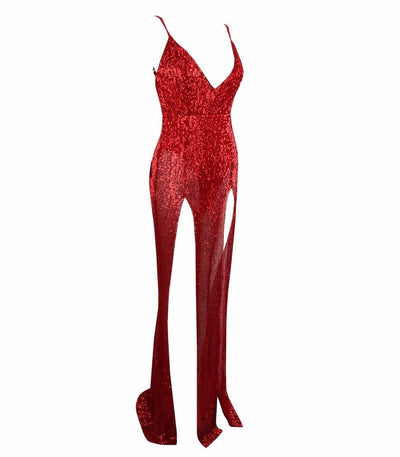 Iconic Red Sequin Double Split Maxi Party Gown Dress - Fashion Genie Boutique