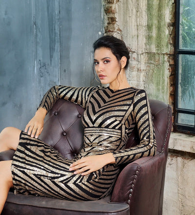 Forever Gold & Black Long Sleeve Sequin Midi Dress - Fashion Genie Boutique