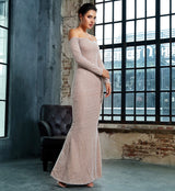 Molly Silver Bardot Glitter Embellished Long Sleeve Maxi Fishtail Dress - Fashion Genie Boutique