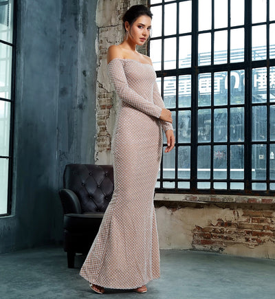 Molly Silver Bardot Glitter Embellished Long Sleeve Maxi Fishtail Dress - Fashion Genie Boutique