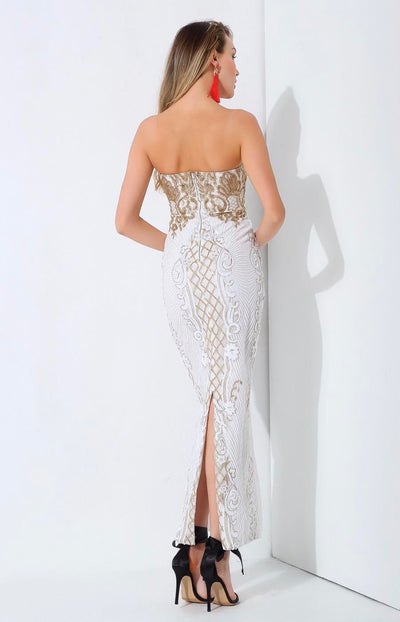 A Long Affair White & Gold Sequin Strapless Maxi Dress - Fashion Genie Boutique