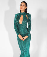 Cut It Out Green Keyhole Sequin Long Sleeve Maxi Fishtail Dress - Fashion Genie Boutique