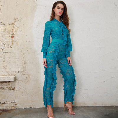 Layered in Lace Blue Lace Ruffle Jumpsuit - Fashion Genie Boutique