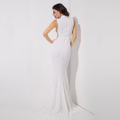 Million Dollar Babe White Sequin Maxi Fishtail Gown Dress - Fashion Genie Boutique