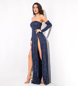 Princess Of Charm Navy Bardot Glitter Double Split Maxi Dress - Fashion Genie Boutique