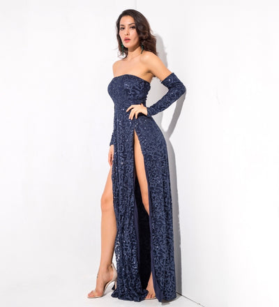 Princess Of Charm Navy Bardot Glitter Double Split Maxi Dress - Fashion Genie Boutique