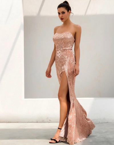 Disco Belle Champagne Sequin Strapless Split Maxi Gown Dress - Fashion Genie Boutique