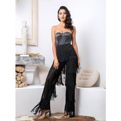 Queen of Sheen Black Strapless Fringe Jumpsuit - Fashion Genie Boutique