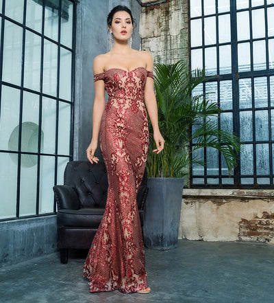 Dress Me Pretty Red Bardot Glitter Fishtail Maxi Dress - Fashion Genie Boutique