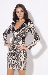 Gal Crush Black And Nude Sequin Long Sleeve Mini Dress - Fashion Genie Boutique