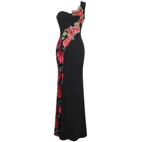 Rose Gal Black Sequin Embroidered One Shoulder Maxi Gown Dress - Fashion Genie Boutique