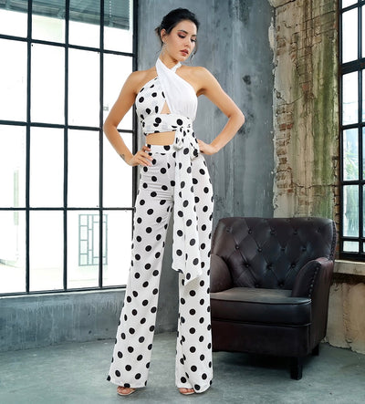 One Kiss White Polka Dot Crop Top & Wide Leg Trousers Co-Ord - Fashion Genie Boutique
