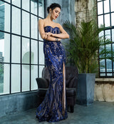 Sweet Vision Blue Strapless Sequin Spilt Maxi Gown Dress - Fashion Genie Boutique