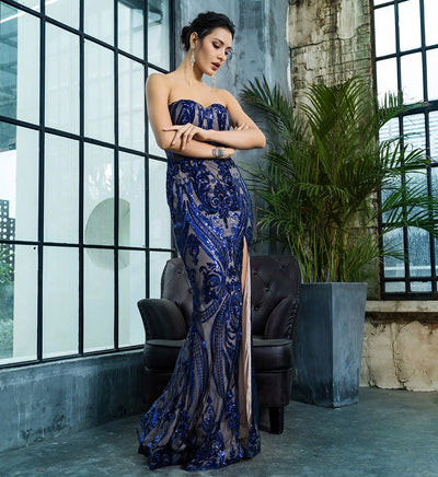 Sweet Vision Blue Strapless Sequin Spilt Maxi Gown Dress - Fashion Genie Boutique