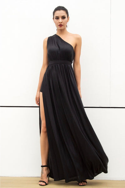 Dream Day Black Lace Asymmetric Satin Maxi Dress - Fashion Genie Boutique