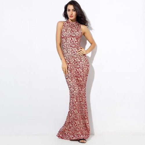 Modern Beauty Nude And Red Glitter Fishtail Maxi Dress - Fashion Genie Boutique