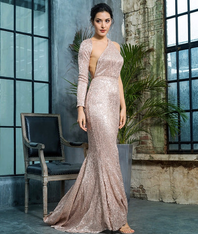 Luxury Night Rose Gold Sequin One Shoulder Maxi Gown Dress - Fashion Genie Boutique