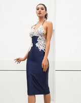 Laced With Love Navy Satin Midi Dress - Fashion Genie Boutique