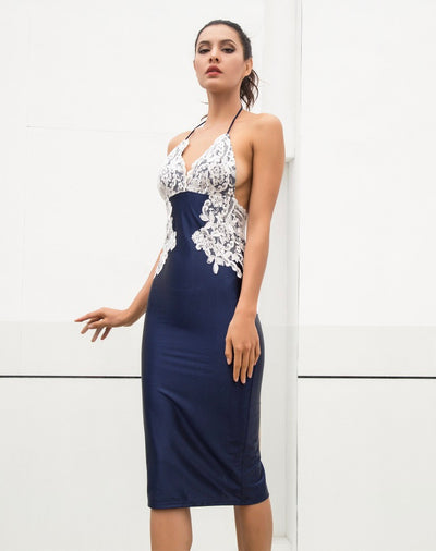 Laced With Love Navy Satin Midi Dress - Fashion Genie Boutique