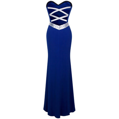 Dazzling Diva Blue & Silver Strapless Sequin Maxi Gown Dress - Fashion Genie Boutique
