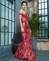 Sweetheart Red Bardot Sequin Maxi Fishtail Dress - Fashion Genie Boutique