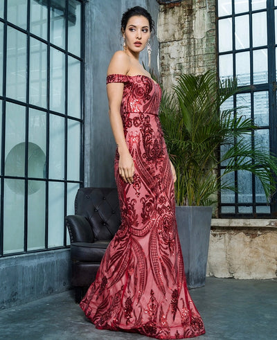 Sweetheart Red Bardot Sequin Maxi Fishtail Dress - Fashion Genie Boutique
