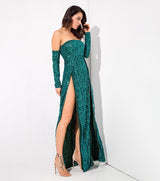 Princess Of Charm Green Bardot Glitter Double Split Maxi Dress - Fashion Genie Boutique