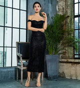 Monte Carlo Black Bardot Glitter Embellished Midi Dress - Fashion Genie Boutique