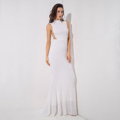 Million Dollar Babe White Sequin Maxi Fishtail Gown Dress - Fashion Genie Boutique