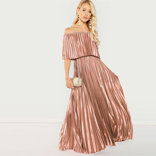 Dream Of You Pink Bardot Pleated Maxi Dress - Fashion Genie Boutique