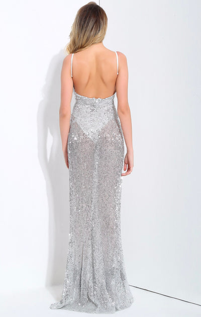 Iconic Silver Sequin Double Split Maxi Party Gown Dress - Fashion Genie Boutique