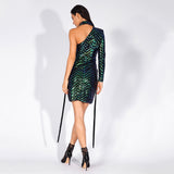 Make The Cut Green Iridescent Sequin One Shoulder Mini Dress - Fashion Genie Boutique