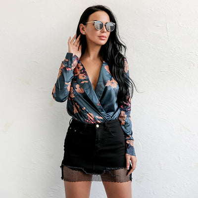 Rose Before Dawn Green Long Sleeve Satin Bodysuit - Fashion Genie Boutique