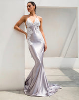 Sweet Lace Grey Satin Lace Maxi Fishtail Dress - Fashion Genie Boutique
