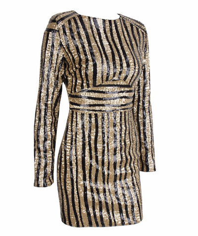 Glitter And Gold Sequin Stripe Long Sleeve Mini Dress - Fashion Genie Boutique