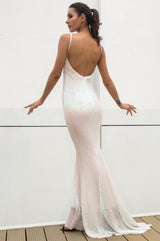 Cotton Candy White Iridescent Sequin Fishtail Maxi Dress - Fashion Genie Boutique