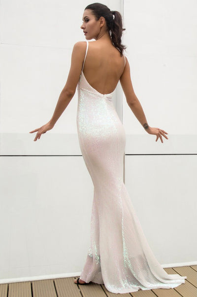 Cotton Candy White Iridescent Sequin Fishtail Maxi Dress - Fashion Genie Boutique