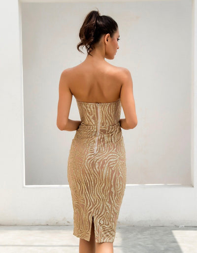 Little Dancer Gold Glitter Embellished Strapless Midi Dress - Fashion Genie Boutique