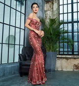 Dress Me Pretty Red Bardot Glitter Fishtail Maxi Dress - Fashion Genie Boutique