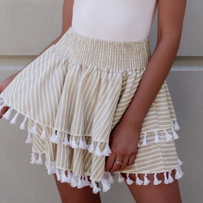 Love In Barcelona Nude Stripe Tassel Mini Skirt - Fashion Genie Boutique