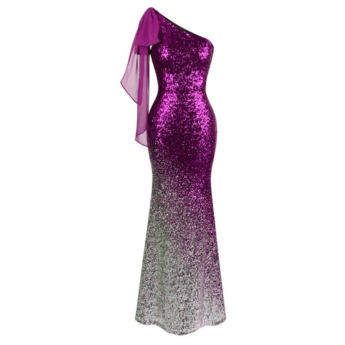 Oh My Posh Pink & Silver Sequin Gradient One Shoulder Maxi Gown Dress - Fashion Genie Boutique