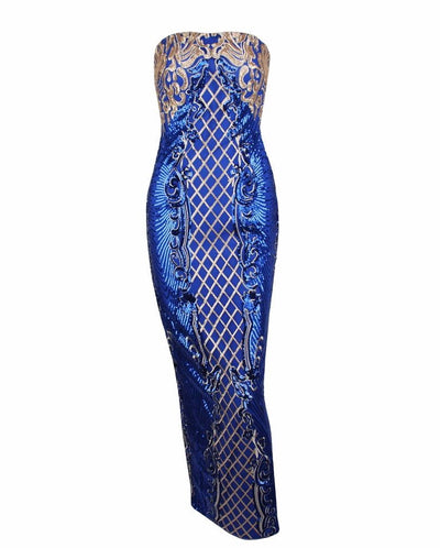 A Long Affair Blue & Gold Sequin Strapless Maxi Dress - Fashion Genie Boutique