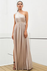 Dream Day Nude Lace Asymmetric Satin Maxi Dress - Fashion Genie Boutique