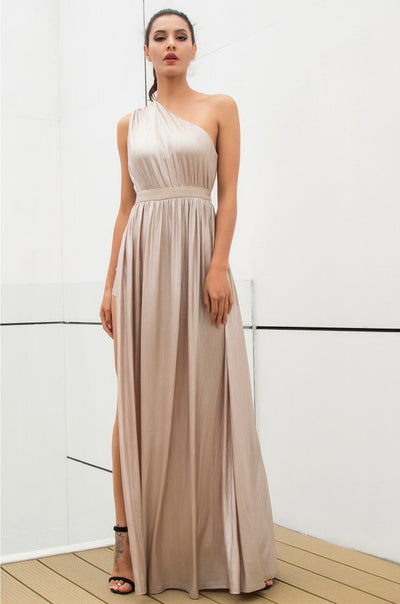 Dream Day Nude Lace Asymmetric Satin Maxi Dress - Fashion Genie Boutique