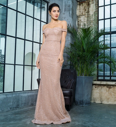 Little Treasure Rose Gold Bardot Glitter Fishtail Maxi Gown Dress - Fashion Genie Boutique