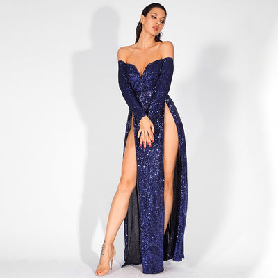 So Lavish Navy Sequin Bardot Double Split Maxi Dress - Fashion Genie Boutique