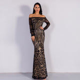 Natalina Black Sequin Bardot Long Sleeve Maxi Dress - Fashion Genie Boutique