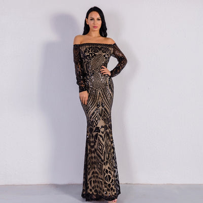 Natalina Black Sequin Bardot Long Sleeve Maxi Dress - Fashion Genie Boutique