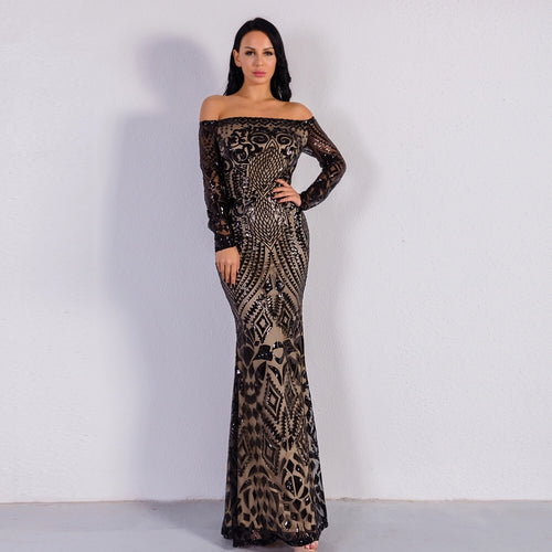 Natalina Black Sequin Bardot Long Sleeve Maxi Dress - Fashion Genie Boutique