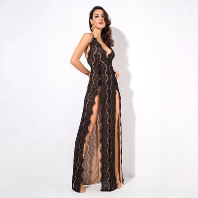Dash of Sass Black Lace Double Split Maxi Dress - Fashion Genie Boutique